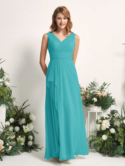 Carlyna Robe trapèze avec col V longueur ras du sol robe de demoiselle d'honneur Turquoise #couleur_turquoise