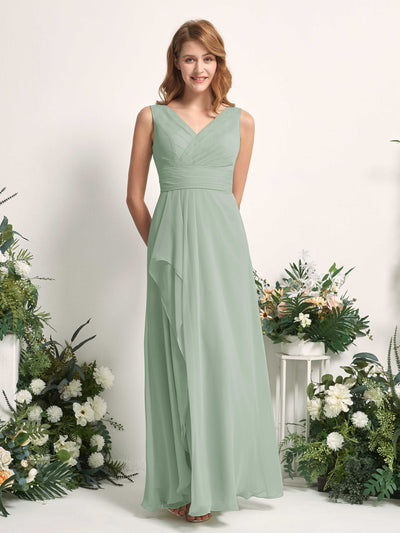 Carlyna Robe trapèze avec col V longueur ras du sol robe de demoiselle d'honneur Vert Sauge Foncé #couleur_vert-sauge-fonc