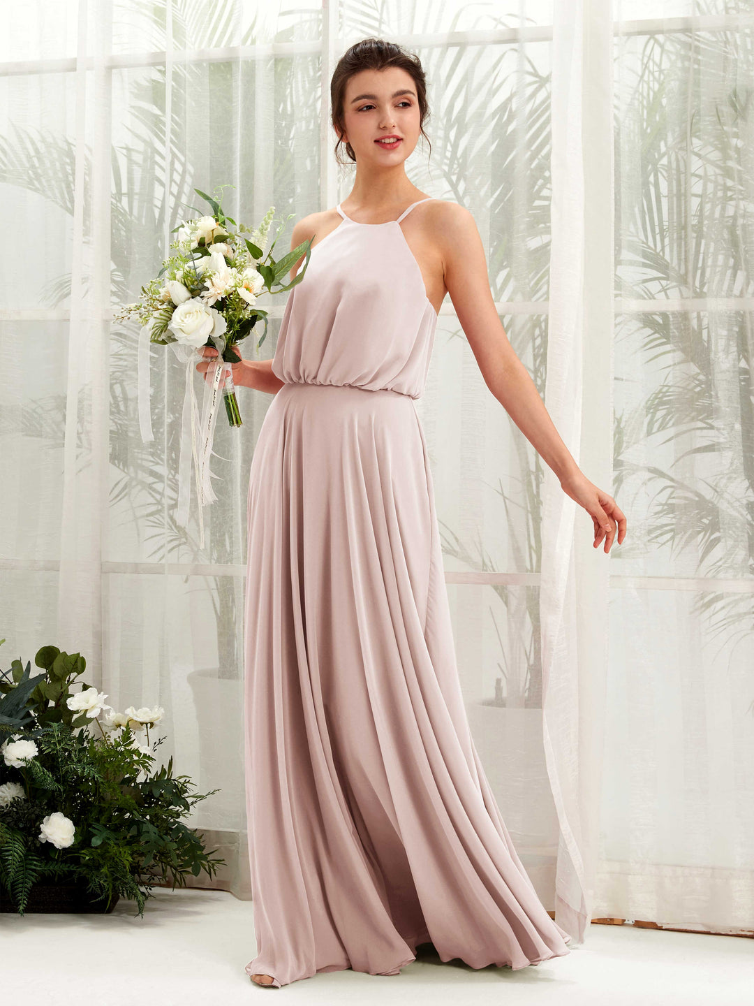 Carlyna Robe trapèze bretelles spaghetti mousseline longueur ras du sol Biscotti 
