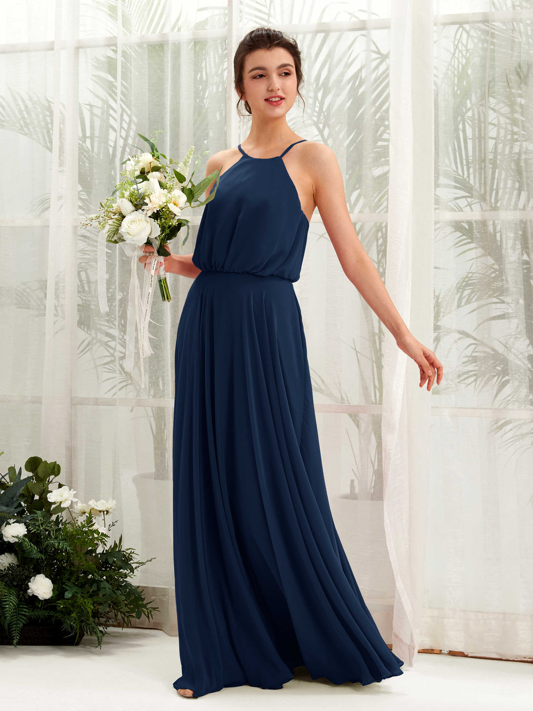 Carlyna Robe trapèze bretelles spaghetti mousseline longueur ras du sol Bleu Marine 