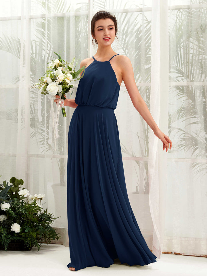 Carlyna Robe trapèze bretelles spaghetti mousseline longueur ras du sol Bleu Marine 