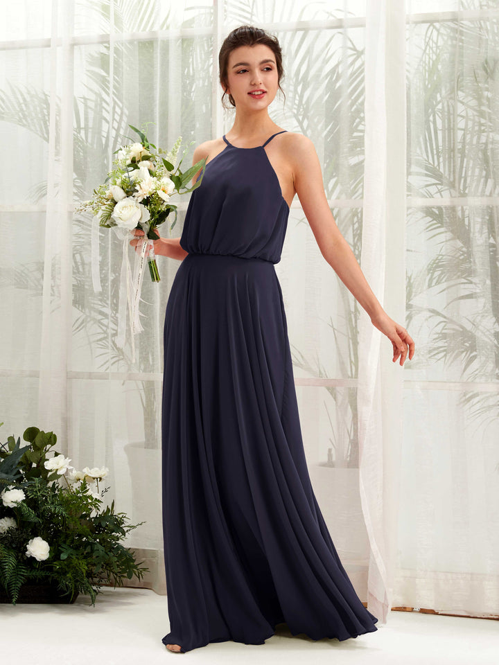Carlyna Robe trapèze bretelles spaghetti mousseline longueur ras du sol Bleu Marine Foncé 