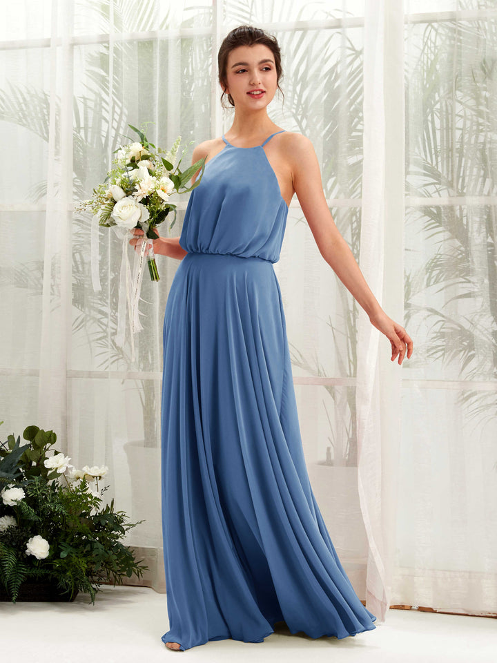 Carlyna Robe trapèze bretelles spaghetti mousseline longueur ras du sol Bleu Poussiéreux 