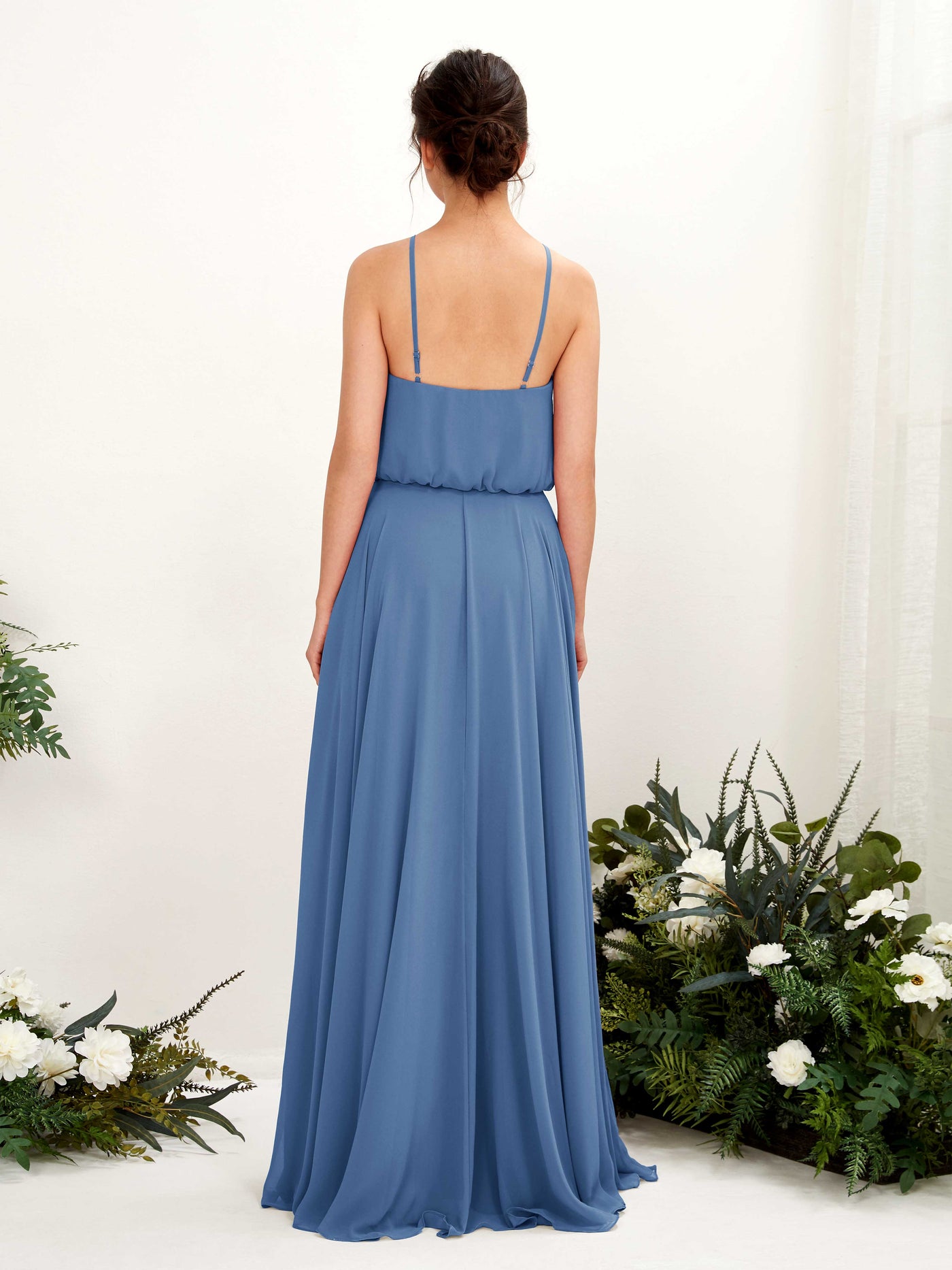 Carlyna Robe trapèze bretelles spaghetti mousseline longueur ras du sol Bleu Poussiéreux #couleur_bleu-poussi-reux