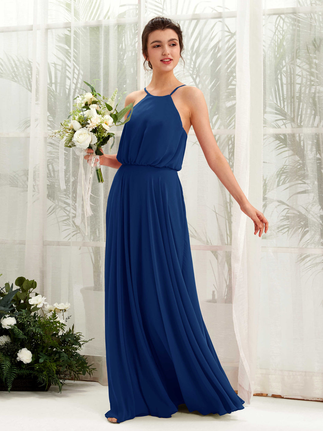 Carlyna Robe trapèze bretelles spaghetti mousseline longueur ras du sol Bleu Roi 
