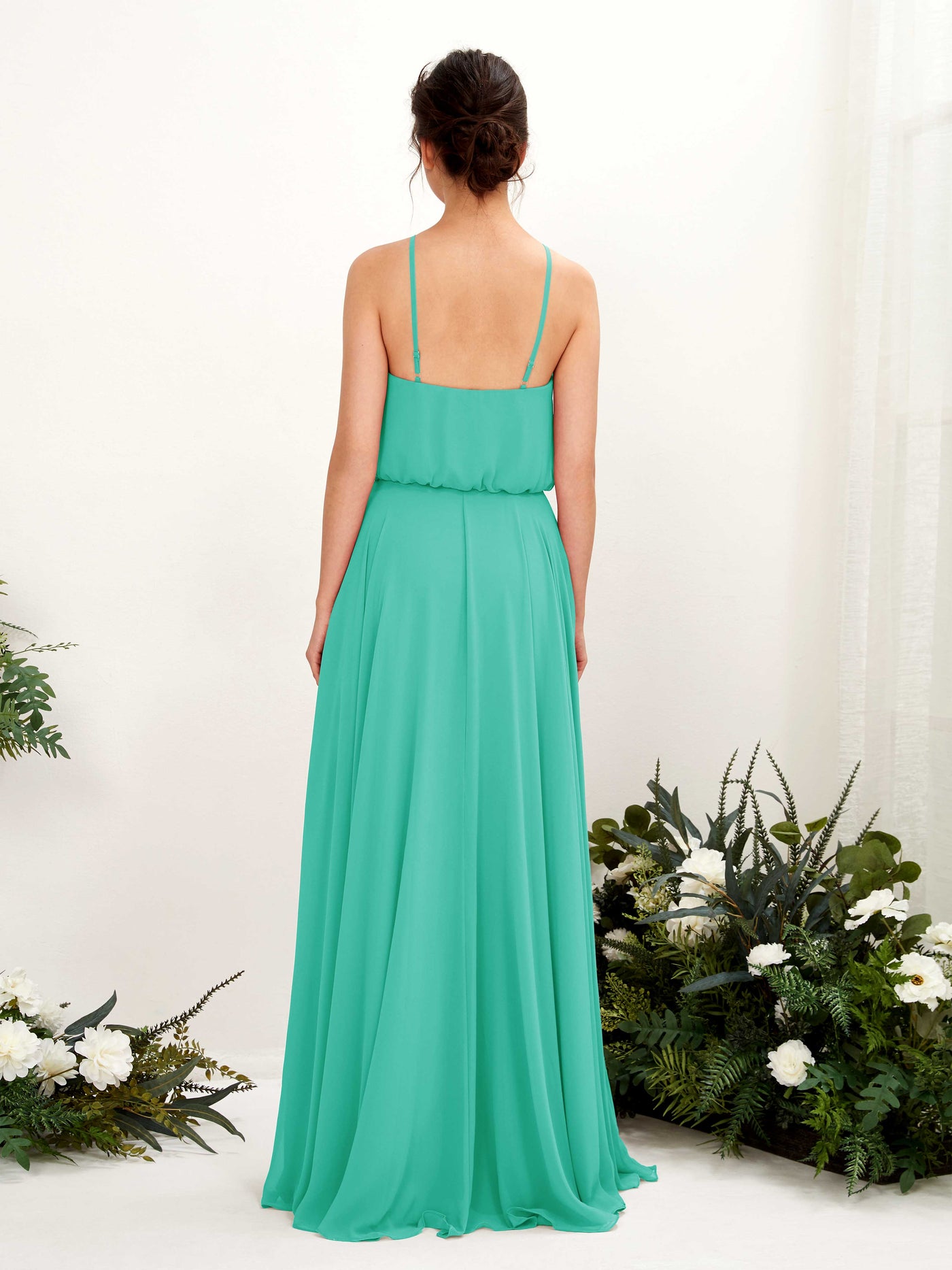 Carlyna Robe trapèze bretelles spaghetti mousseline longueur ras du sol Bleu Tiffany #couleur_bleu-tiffany