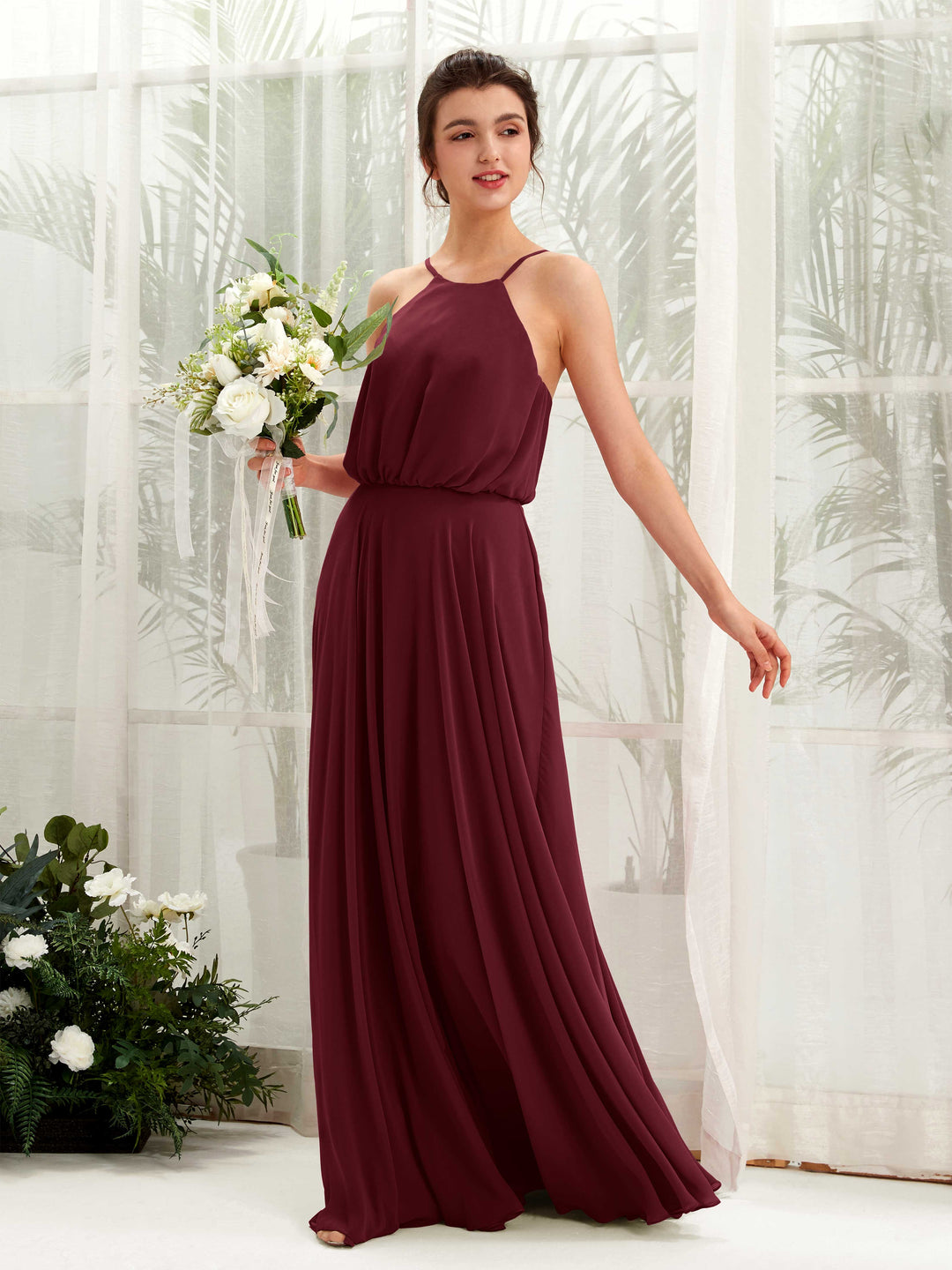 Carlyna Robe trapèze bretelles spaghetti mousseline longueur ras du sol Bordeaux 