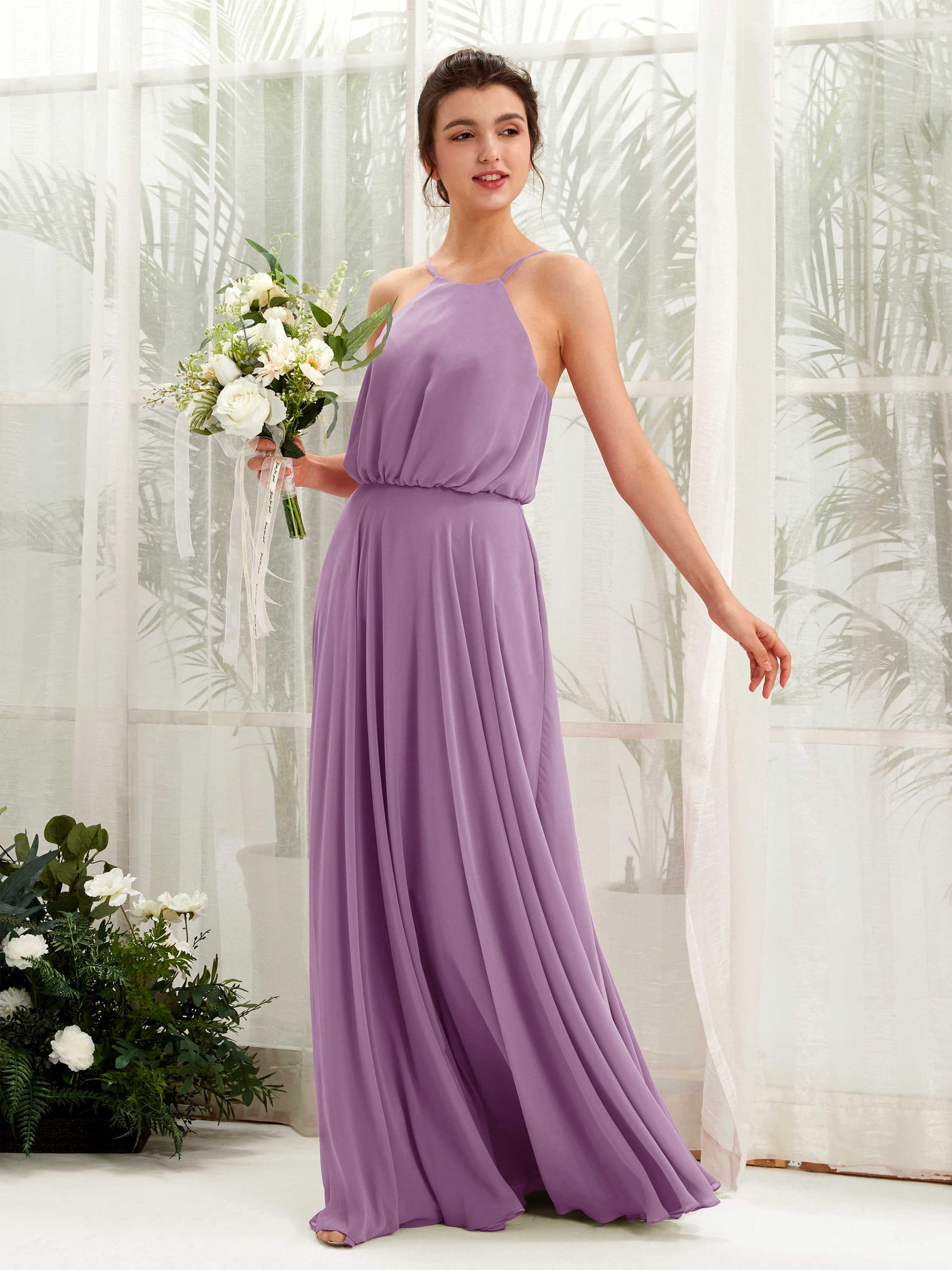 Carlyna Robe trapèze bretelles spaghetti mousseline longueur ras du sol Brume Orchidée #couleur_brume-orchid-e