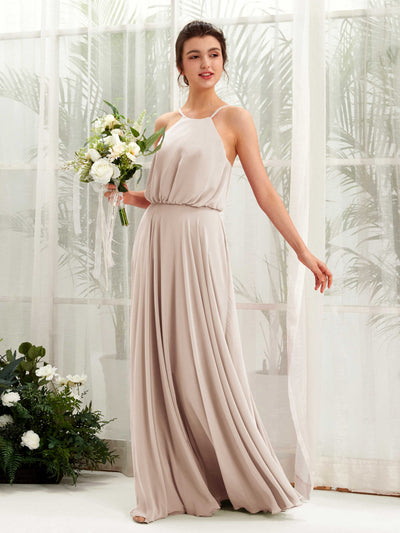 Carlyna Robe trapèze bretelles spaghetti mousseline longueur ras du sol Champagne #couleur_champagne