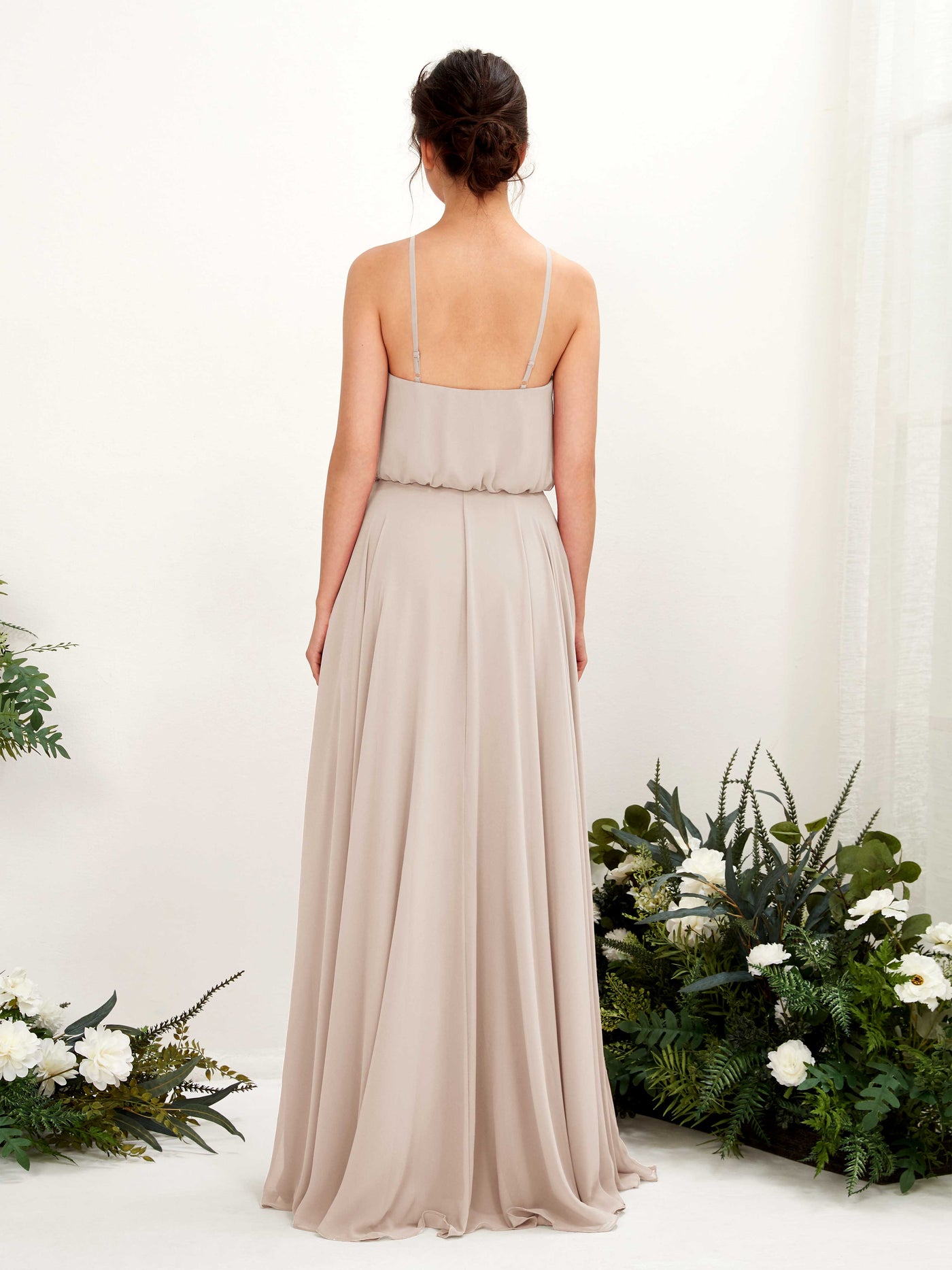 Carlyna Robe trapèze bretelles spaghetti mousseline longueur ras du sol Champagne #couleur_champagne