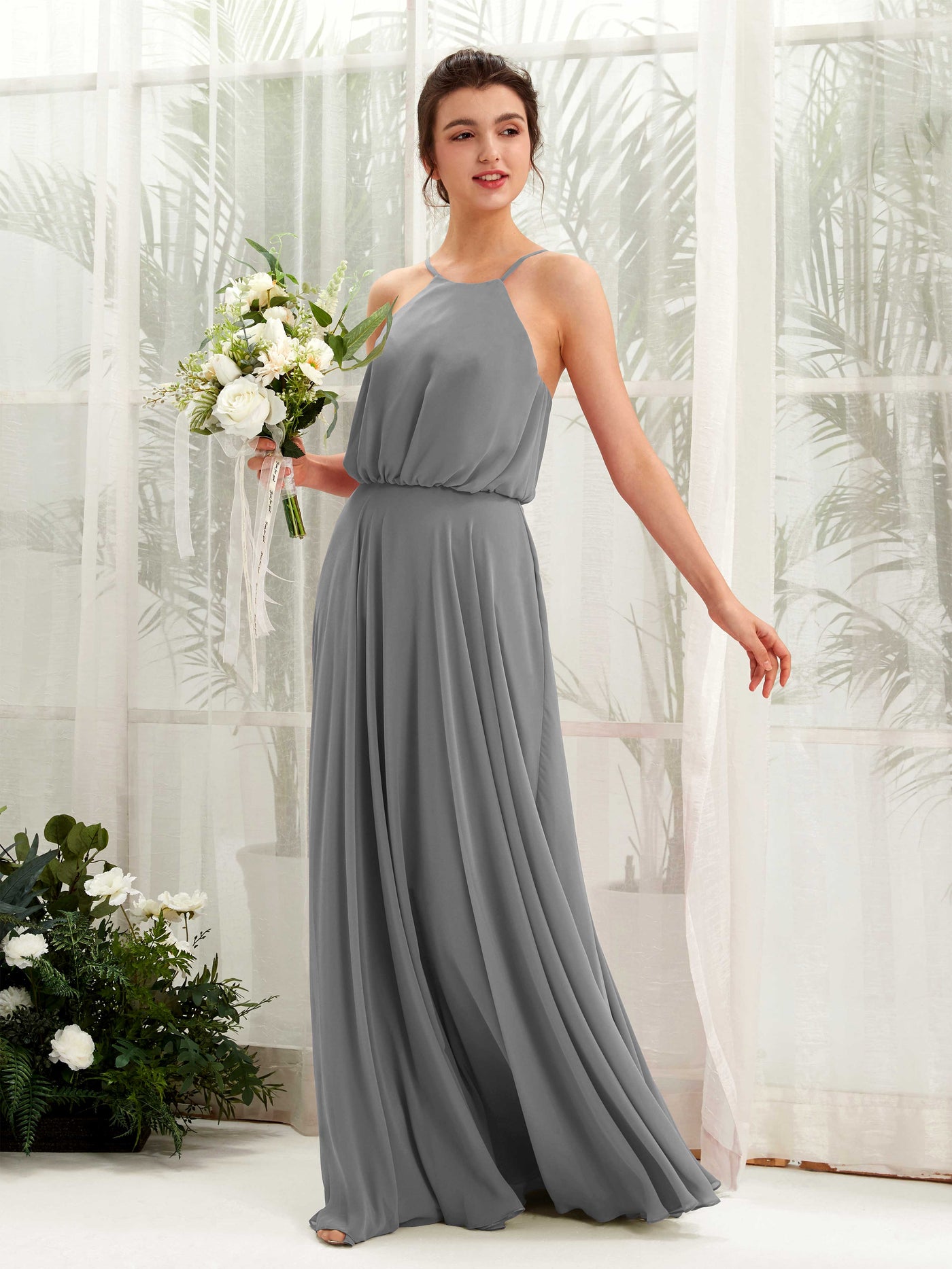 Carlyna Robe trapèze bretelles spaghetti mousseline longueur ras du sol Gris Acier #couleur_gris-acier