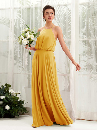 Carlyna Robe trapèze bretelles spaghetti mousseline longueur ras du sol Jaune Moutard #couleur_jaune-moutard