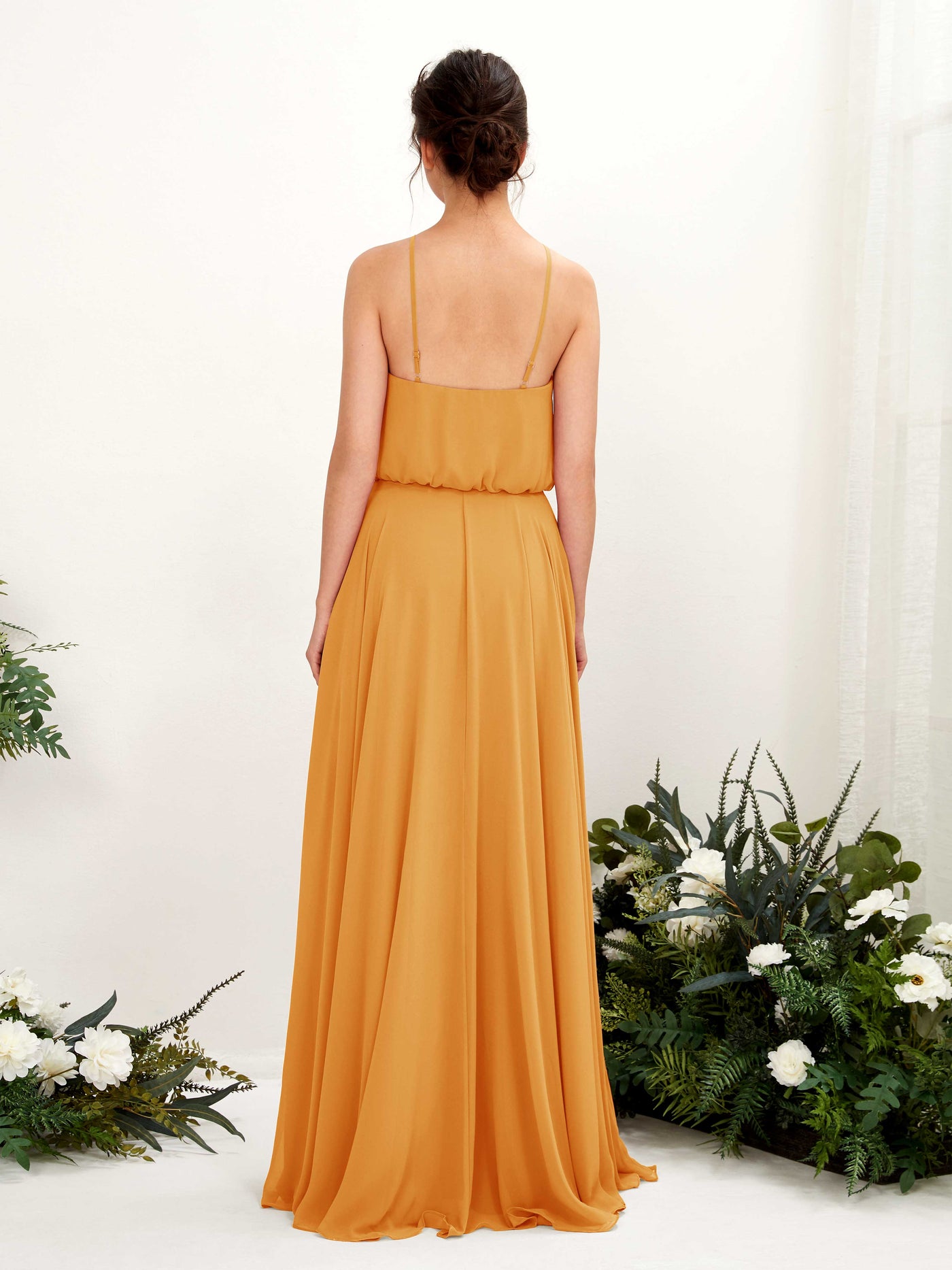 Carlyna Robe trapèze bretelles spaghetti mousseline longueur ras du sol Mangue #couleur_mangue