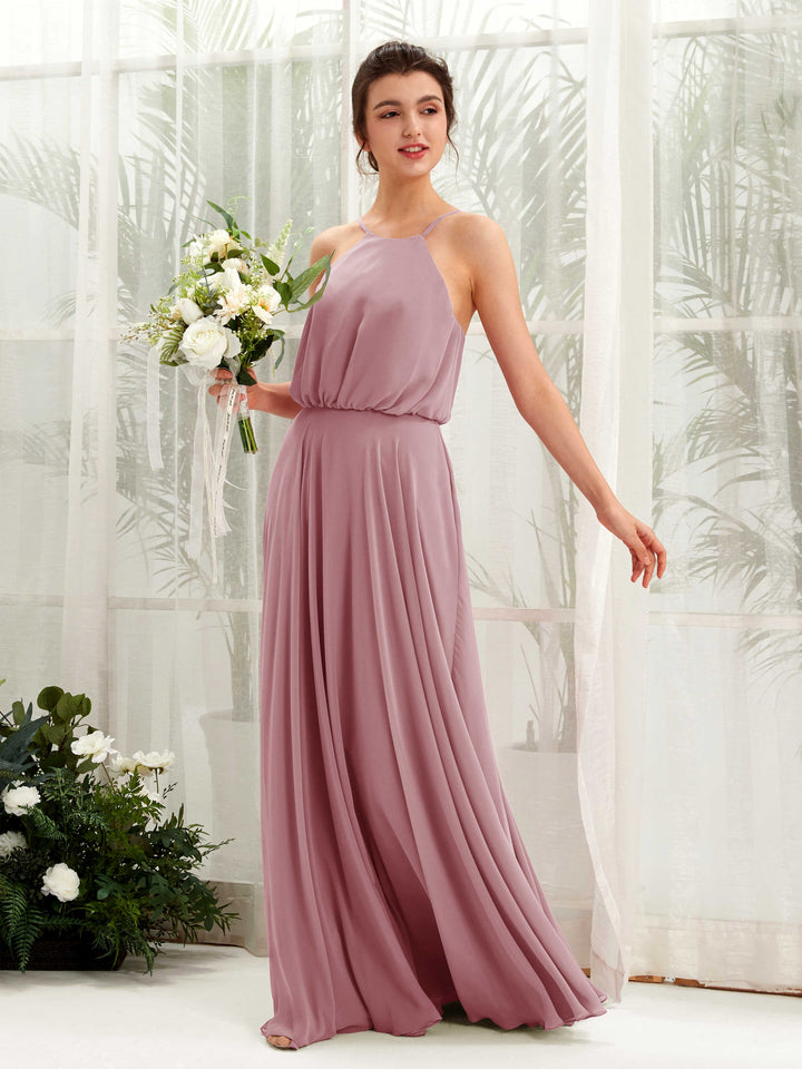 Carlyna Robe trapèze bretelles spaghetti mousseline longueur ras du sol Mauve Vintage 