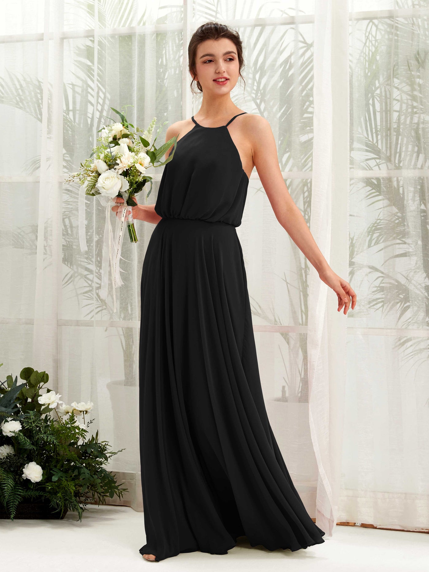 Carlyna Robe trapèze bretelles spaghetti mousseline longueur ras du sol Noir #couleur_noir