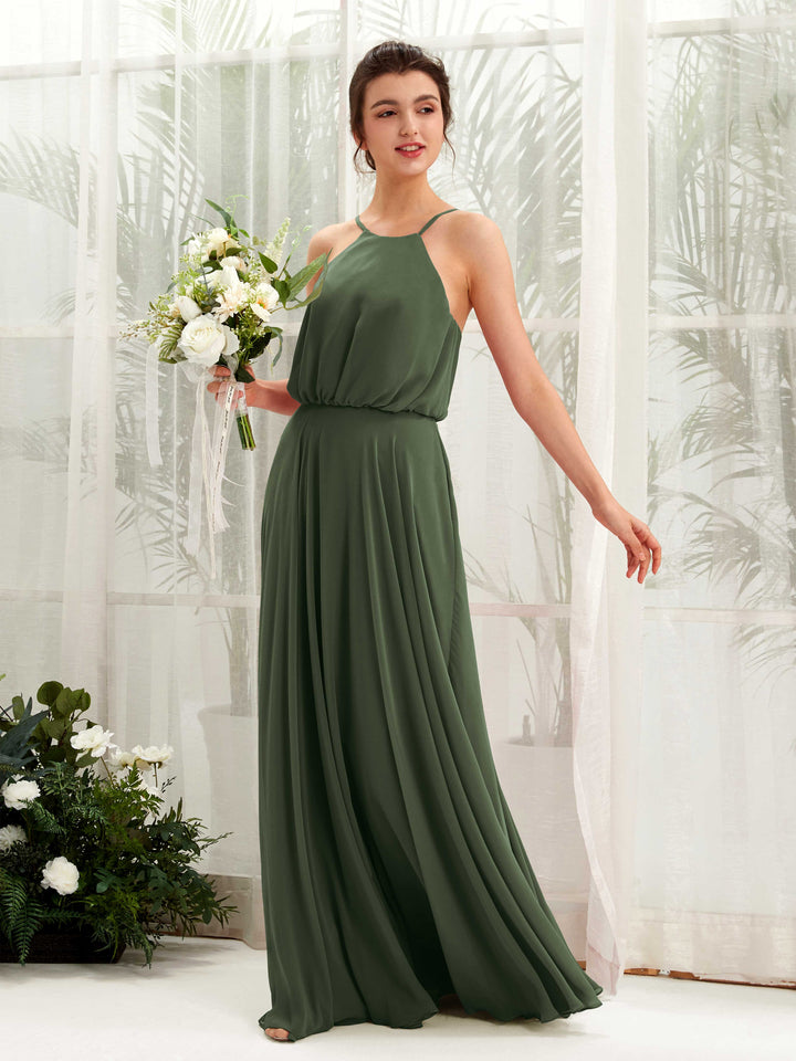 Carlyna Robe trapèze bretelles spaghetti mousseline longueur ras du sol Olive Martini 