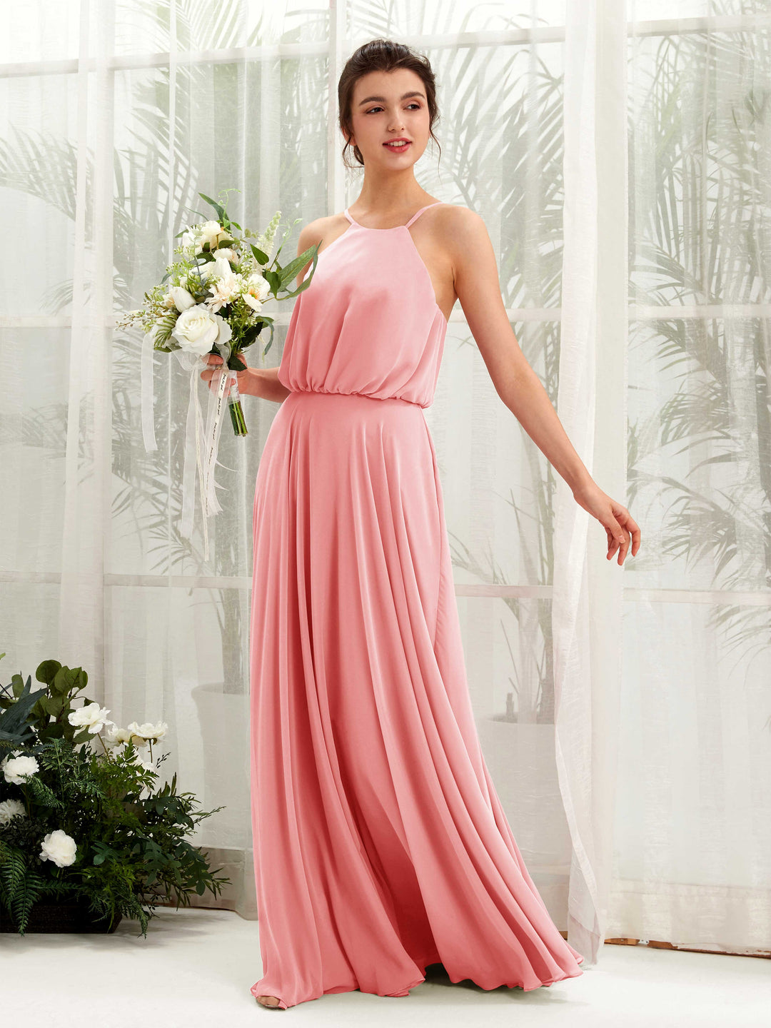Carlyna Robe trapèze bretelles spaghetti mousseline longueur ras du sol Rose Ballet 