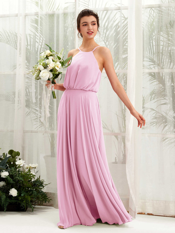 Carlyna Robe trapèze bretelles spaghetti mousseline longueur ras du sol Rose Bonbon 