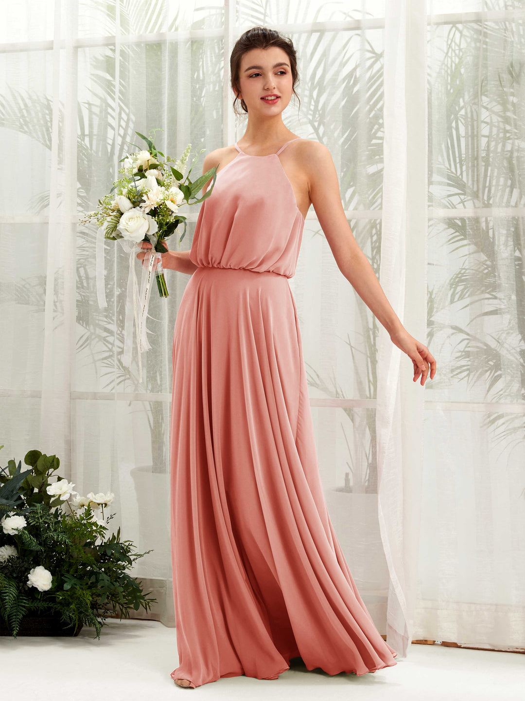 Carlyna Robe trapèze bretelles spaghetti mousseline longueur ras du sol Rose Champagne 