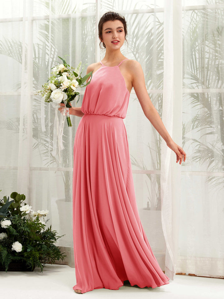 Carlyna Robe trapèze bretelles spaghetti mousseline longueur ras du sol Rose Corail 