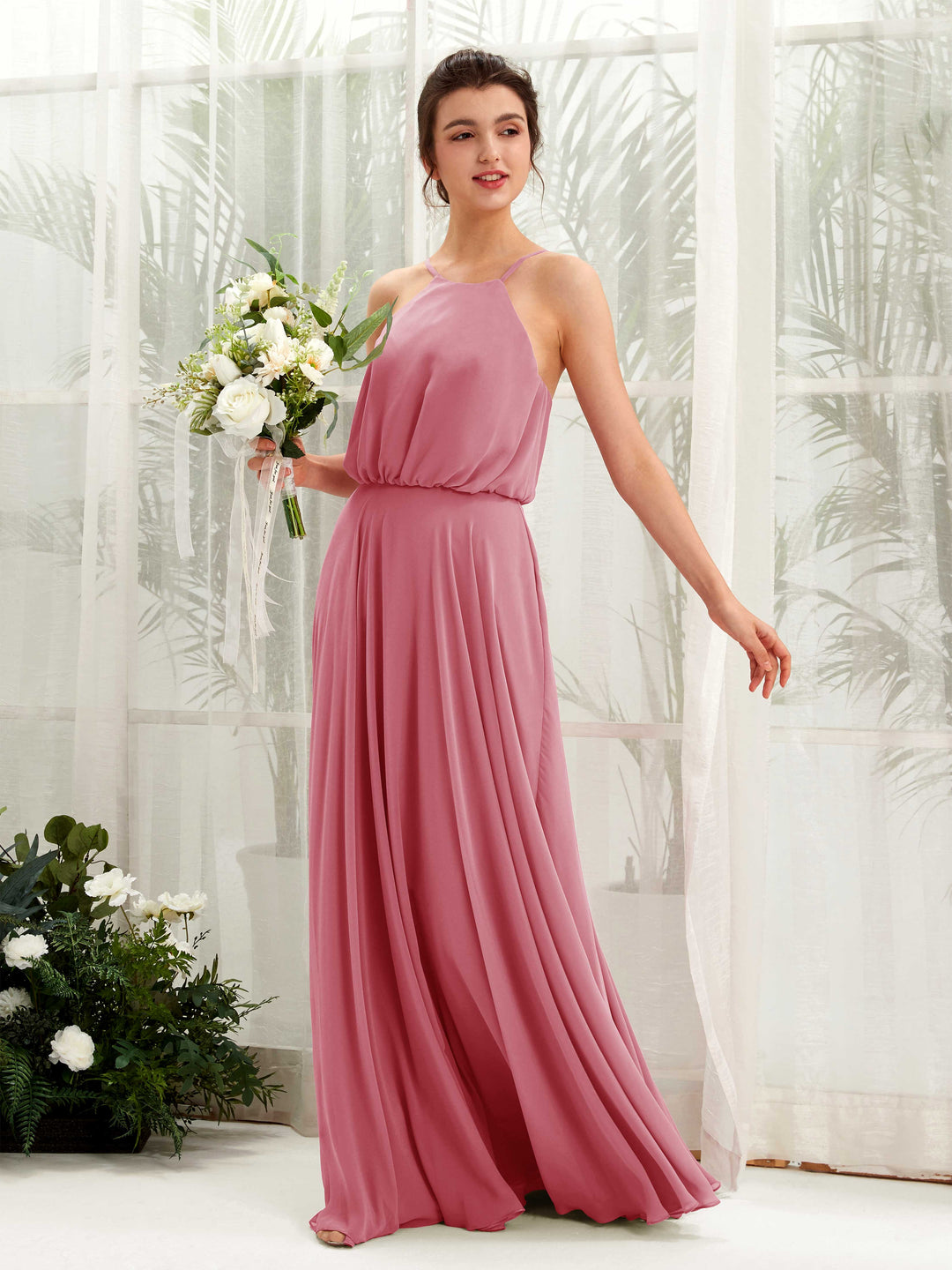 Carlyna Robe trapèze bretelles spaghetti mousseline longueur ras du sol Rose Du Désert 
