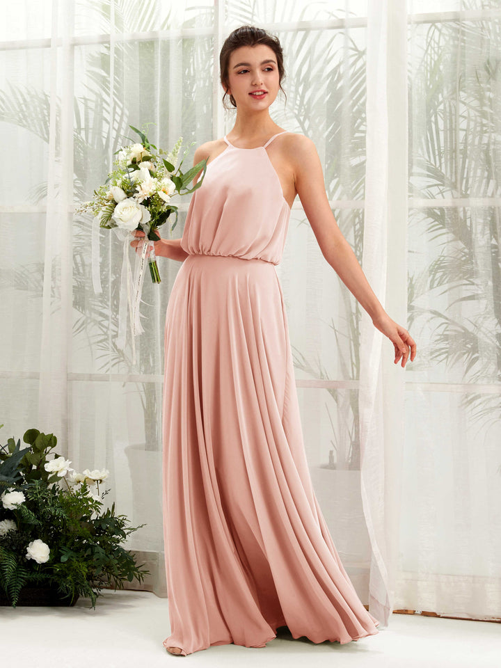 Carlyna Robe trapèze bretelles spaghetti mousseline longueur ras du sol Rose Perle 