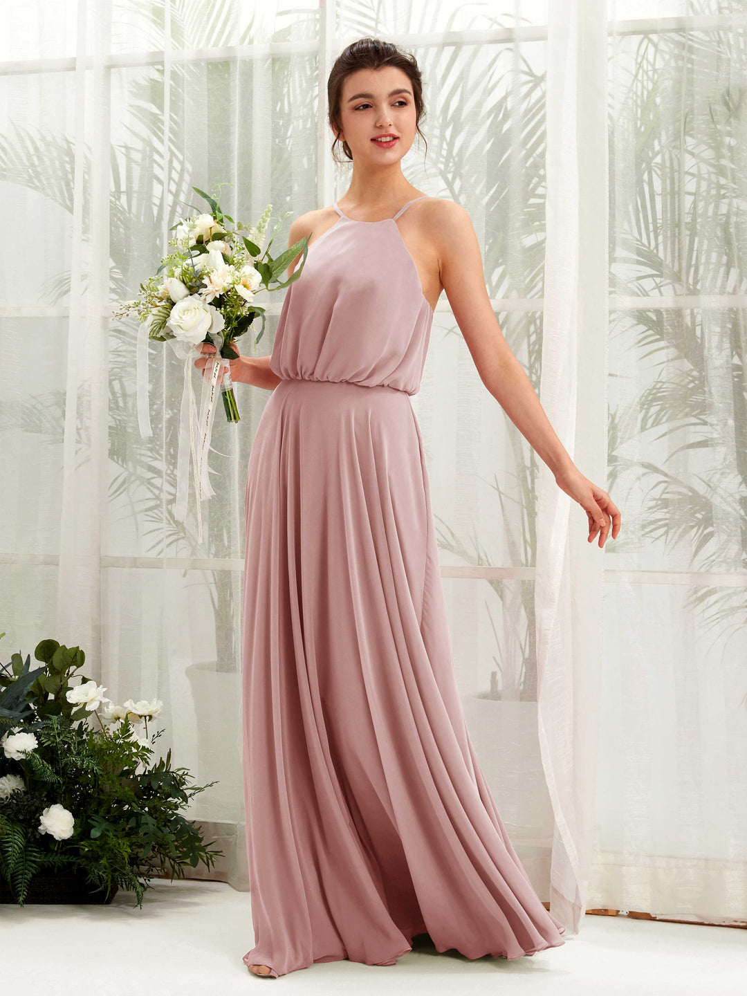 Carlyna Robe trapèze bretelles spaghetti mousseline longueur ras du sol Rose Poussiéreux 
