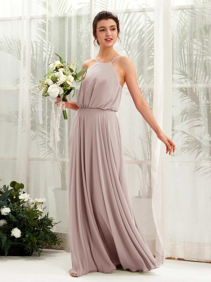Carlyna Robe trapèze bretelles spaghetti mousseline longueur ras du sol Taupe 