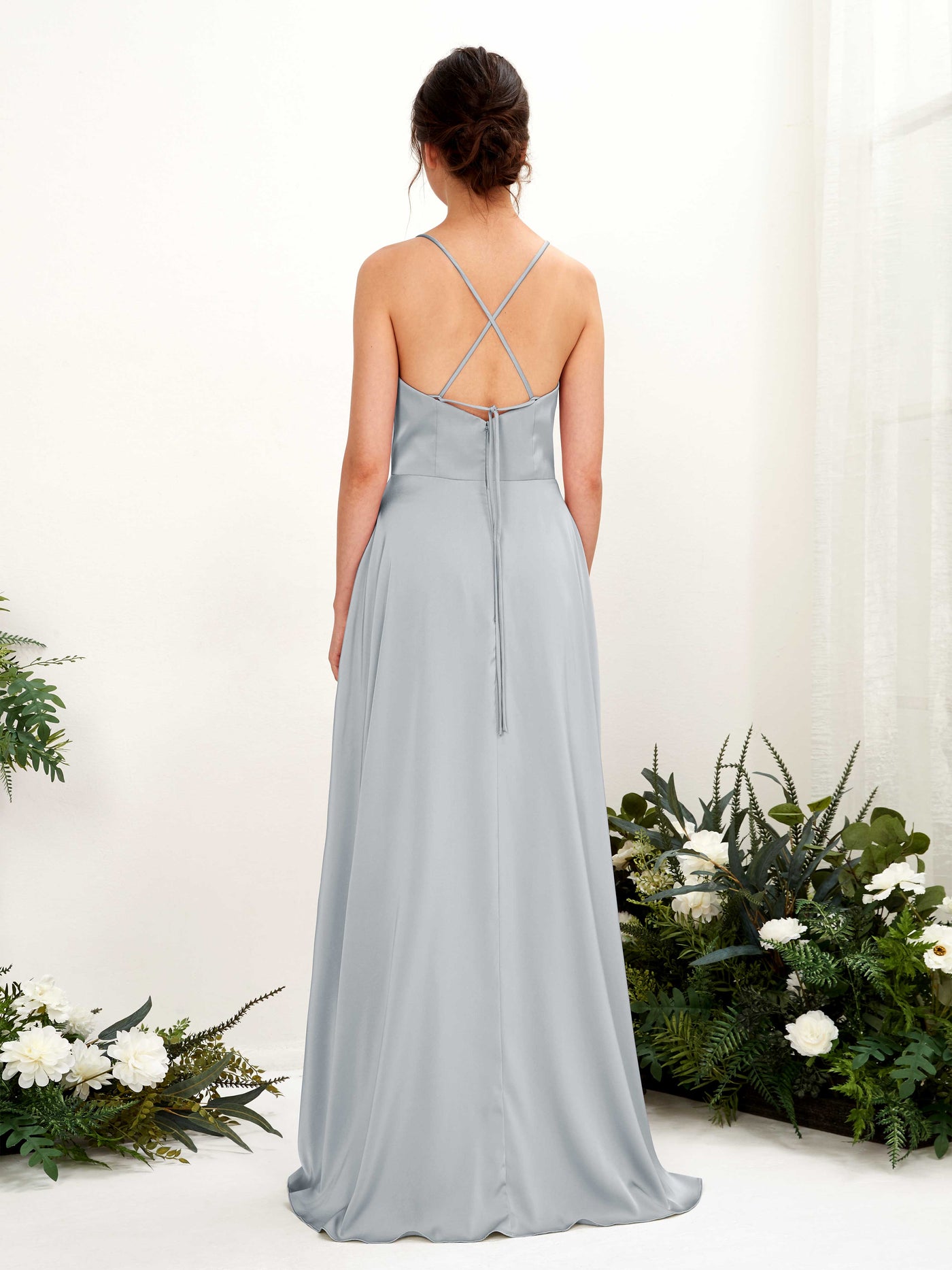 Carlyna Robe Trapèze Col bénitier Longueur ras du sol avec fente sur la jambe Robe de demoiselle d'honneur Bleu Bébé #couleur_bleu-b-b