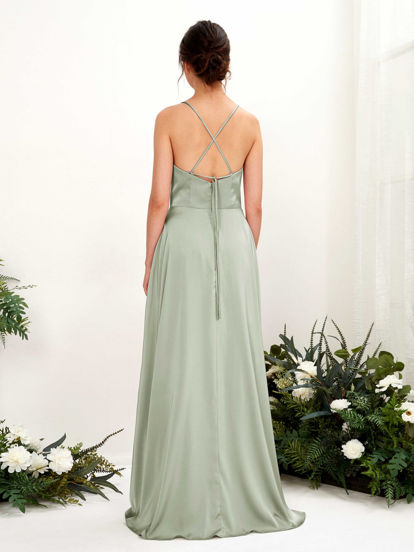 Carlyna Robe Trapèze Col bénitier Longueur ras du sol avec fente sur la jambe Robe de demoiselle d'honneur Vert Sauge Foncé #couleur_vert-sauge-fonc