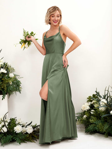 Carlyna Robe Trapèze Col bénitier Longueur ras du sol Robe de demoiselle d'honneur Olive #couleur_olive
