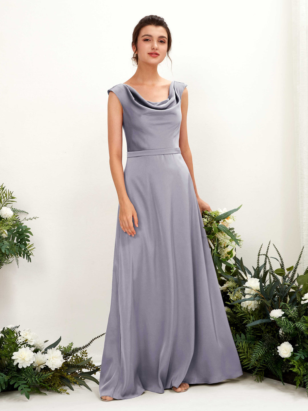 Carlyna Robe trapèze col bénitier satin longueur ras du sol demoiselle d&