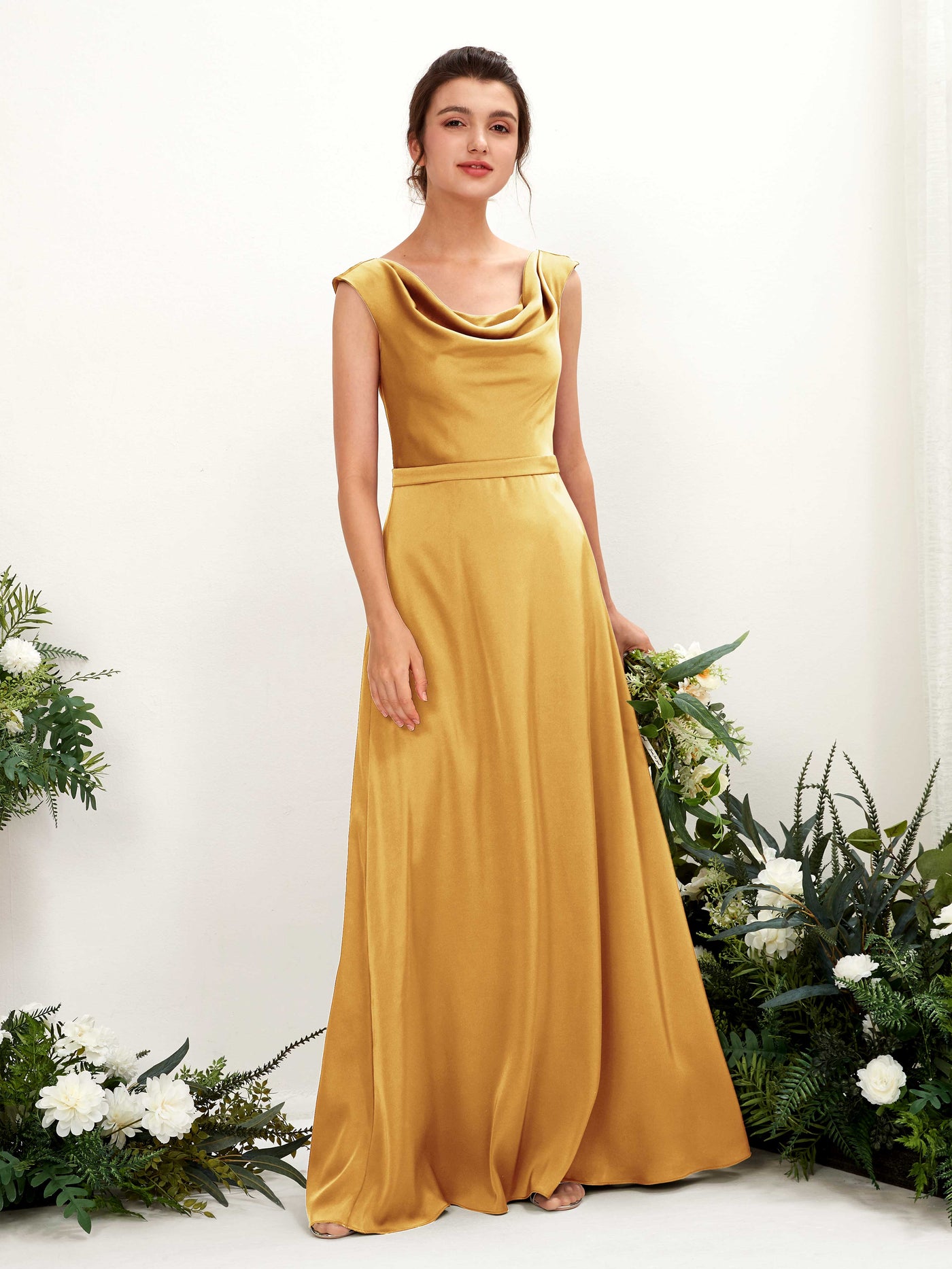 Carlyna Robe trapèze col bénitier satin longueur ras du sol demoiselle d'honneur Jaune Canari #couleur_jaune-canari