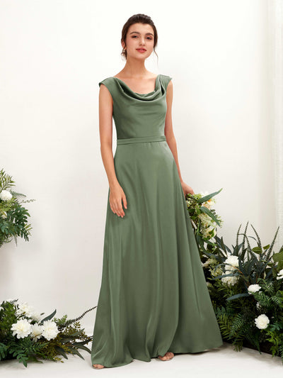Carlyna Robe trapèze col bénitier satin longueur ras du sol demoiselle d'honneur Olive #couleur_olive