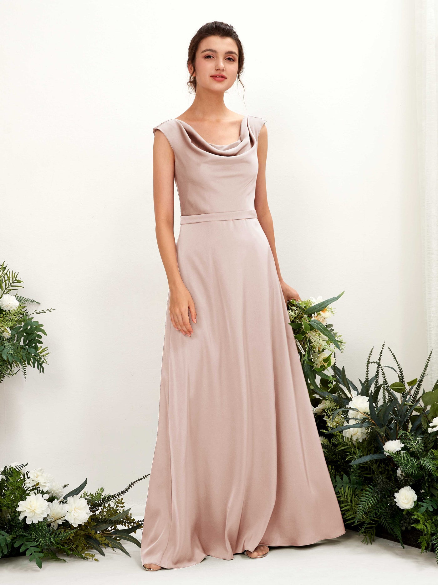 Carlyna Robe trapèze col bénitier satin longueur ras du sol demoiselle d'honneur Rose Perle #couleur_rose-perle