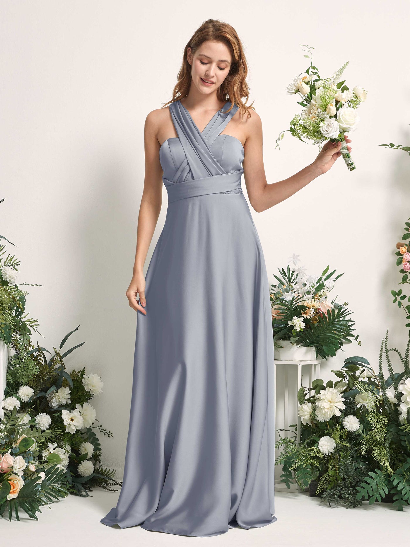 Carlyna Robe trapèze col cœur longueur ras du sol demoiselle d'honneur Bleu Poussiéreux #couleur_bleu-poussi-reux