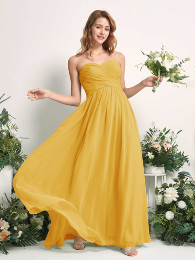 Carlyna Robe Trapèze Col cœur Longueur ras du sol Mousseline Froncé Demoiselle d'honneur Jaune Moutard #couleur_jaune-moutard