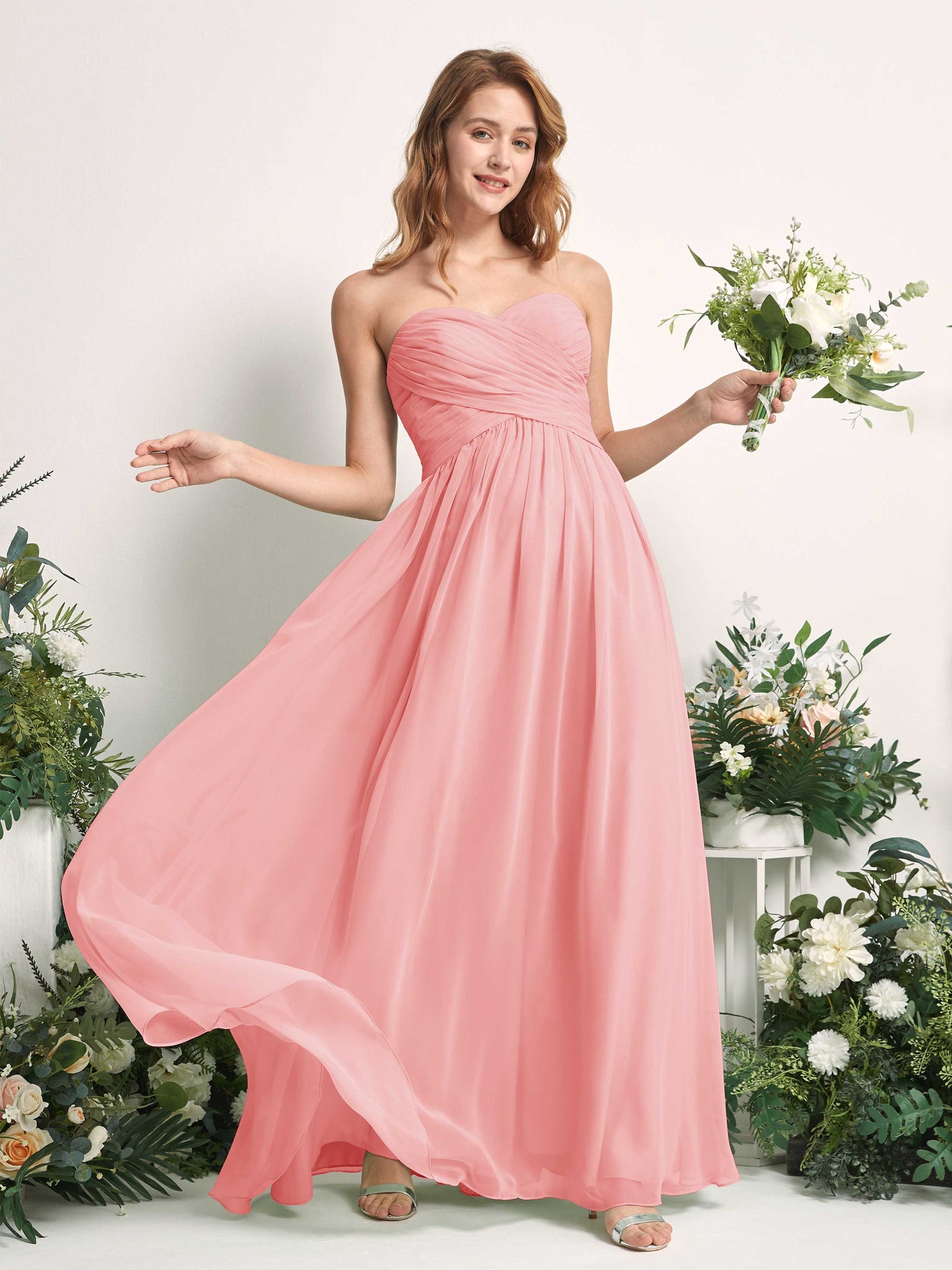 Carlyna Robe Trapèze Col cœur Longueur ras du sol Mousseline Froncé Demoiselle d'honneur Rose Ballet #couleur_rose-ballet