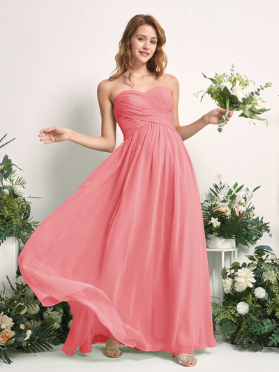 Carlyna Robe Trapèze Col cœur Longueur ras du sol Mousseline Froncé Demoiselle d'honneur Rose Corail #couleur_rose-corail