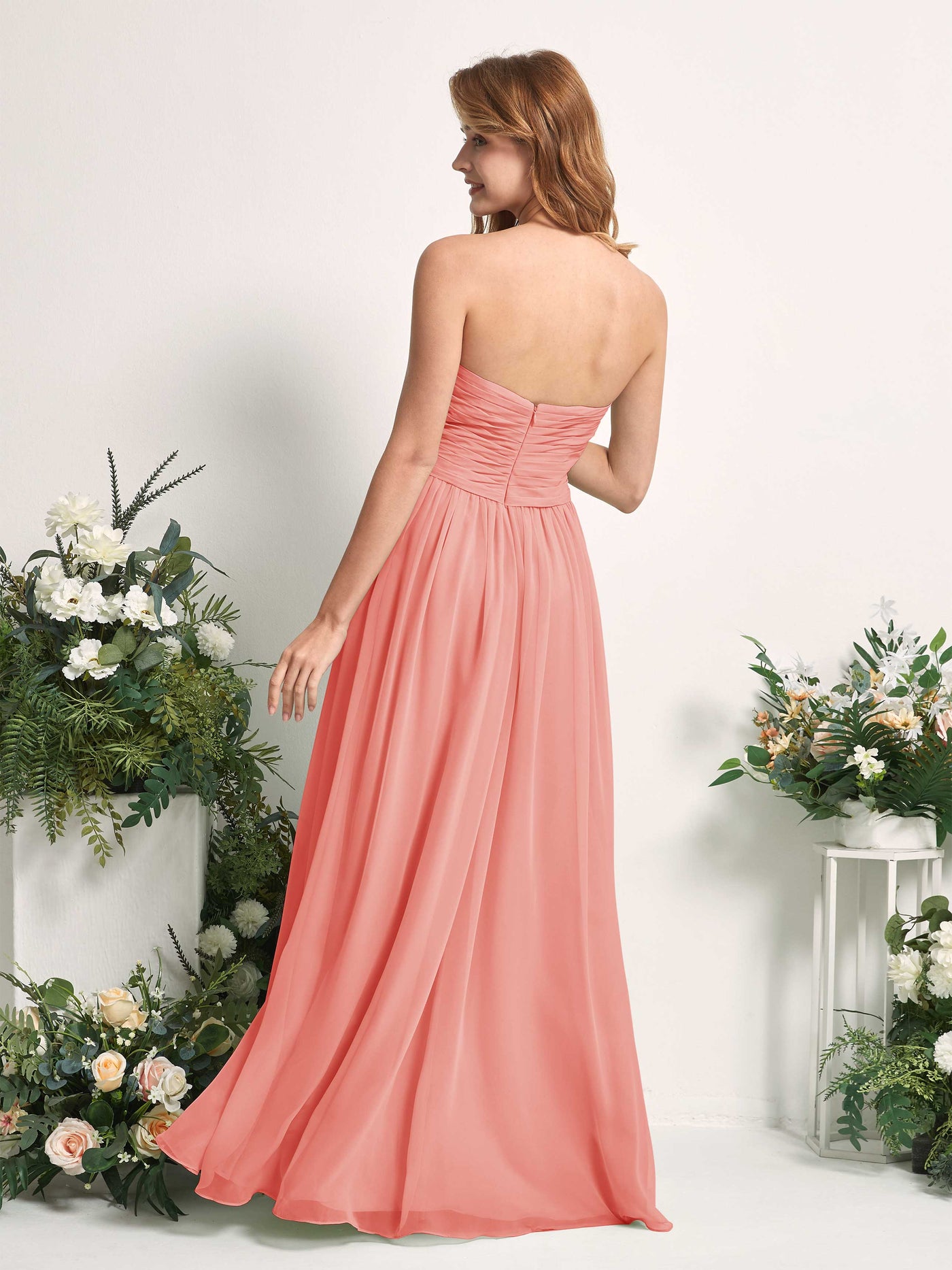 Carlyna Robe Trapèze Col cœur Longueur ras du sol Mousseline Froncé Demoiselle d'honneur Rose Pêche #couleur_rose-p-che