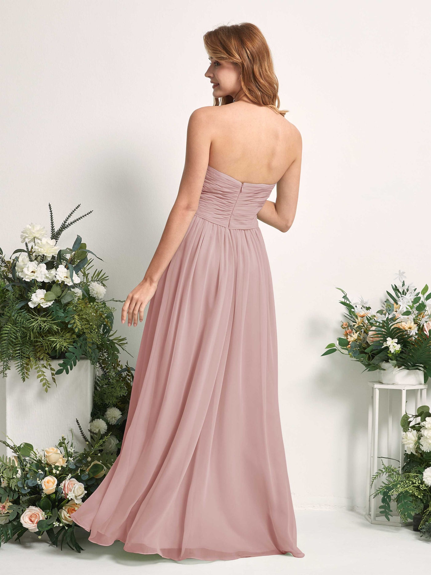 Carlyna Robe Trapèze Col cœur Longueur ras du sol Mousseline Froncé Demoiselle d'honneur Rose Poussiéreux #couleur_rose-poussi-reux