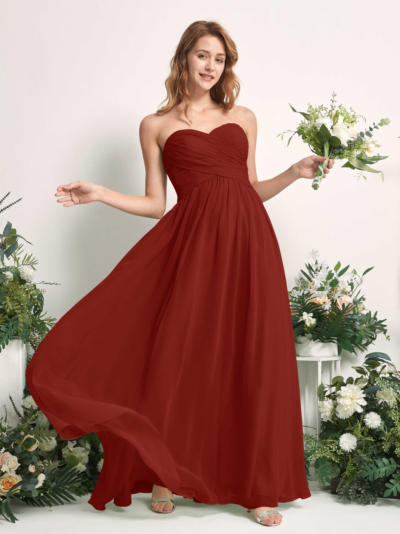 Carlyna Robe Trapèze Col cœur Longueur ras du sol Mousseline Froncé Demoiselle d'honneur Rouille #couleur_rouille