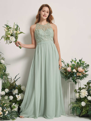 Carlyna Robe trapèze col illusion longueur ras du sol mousseline demoiselle d'honneur Vert Sauge Foncé #couleur_vert-sauge-fonc