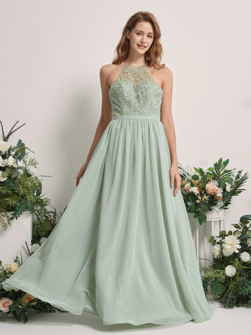 Carlyna Robe trapèze col illusion longueur ras du sol mousseline robe de demoiselle d'honneur Vert Sauge Foncé #couleur_vert-sauge-fonc