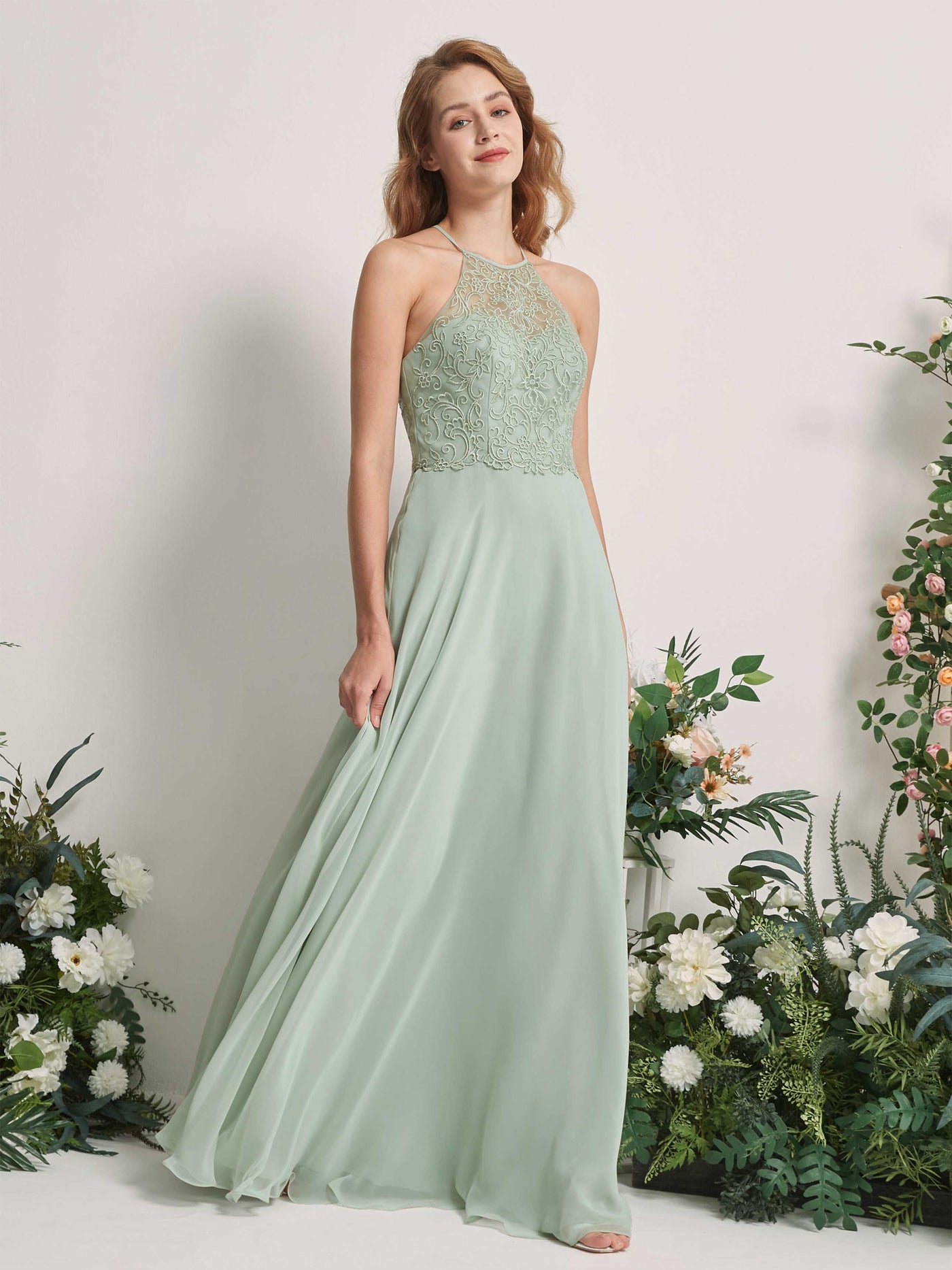 Carlyna Robe Trapèze Col Illusion Longueur Ras du Sol Robes de Demoiselle d'Honneur Vert Sauge Foncé #couleur_vert-sauge-fonc