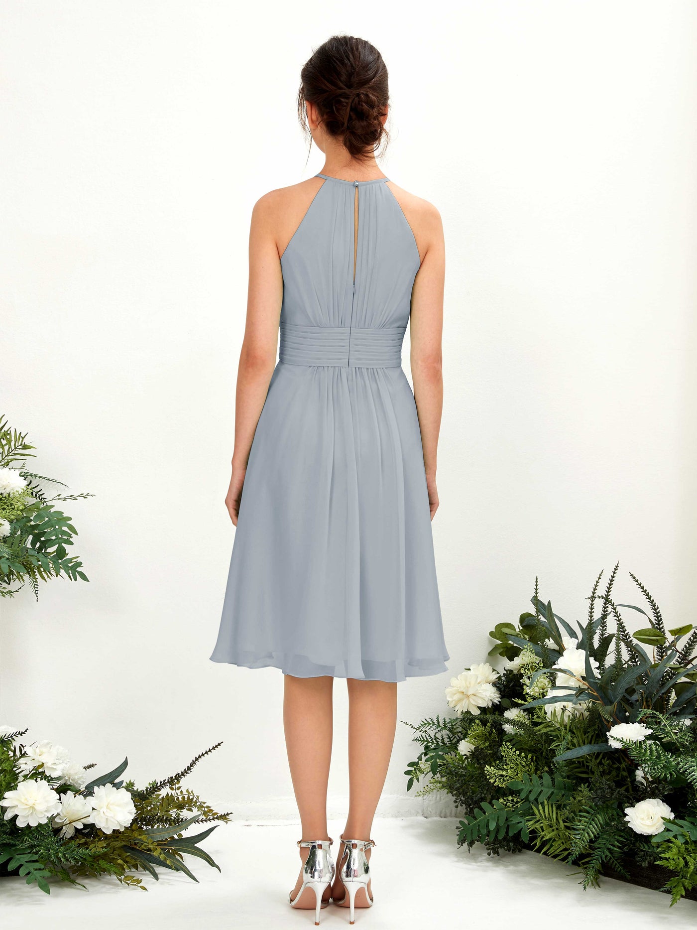 Carlyna Robe trapèze col rond longueur genou mousseline demoiselle d'honneur Bleu Poussiéreux Amélioré #couleur_bleu-poussi-reux-am-lior