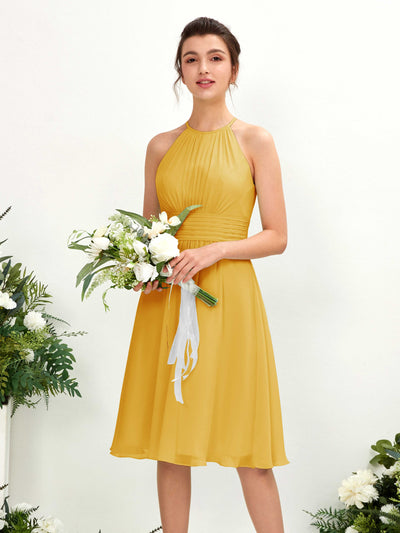 Carlyna Robe trapèze col rond longueur genou mousseline demoiselle d'honneur Jaune Moutard #couleur_jaune-moutard