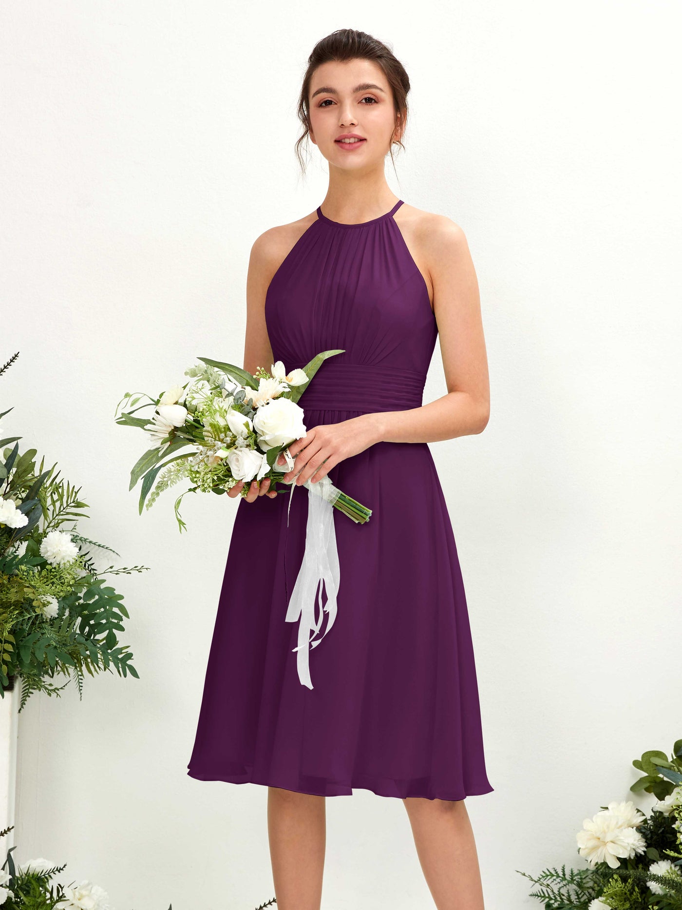 Carlyna Robe trapèze col rond longueur genou mousseline demoiselle d'honneur Pourpre #couleur_pourpre