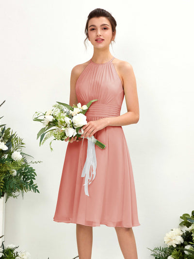 Carlyna Robe trapèze col rond longueur genou mousseline demoiselle d'honneur Rose Champagne #couleur_rose-champagne