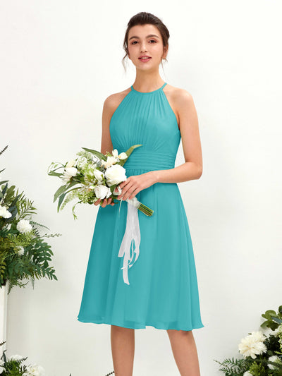 Carlyna Robe trapèze col rond longueur genou mousseline demoiselle d'honneur Turquoise #couleur_turquoise